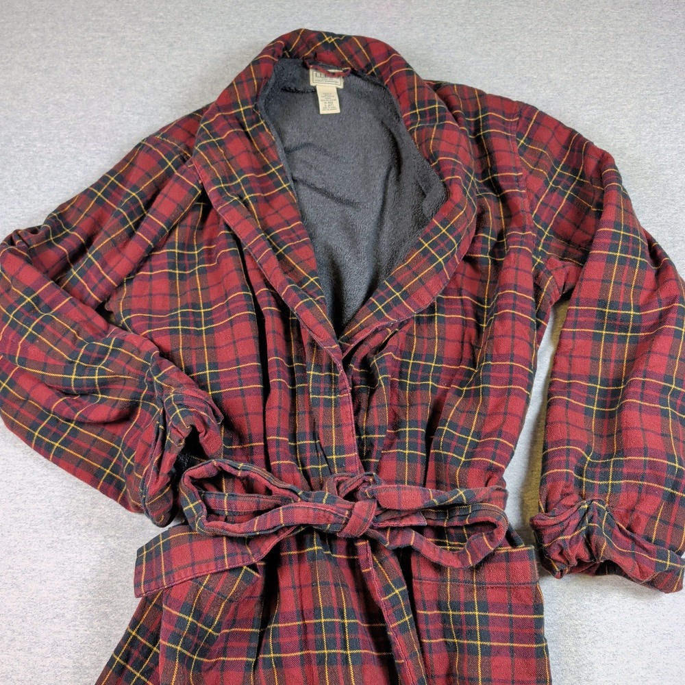 LL Bean Mens Flannel Robe Fleece Lined Red Plaid Cotton Pajamas Medium Regular - Picture 2 of 6